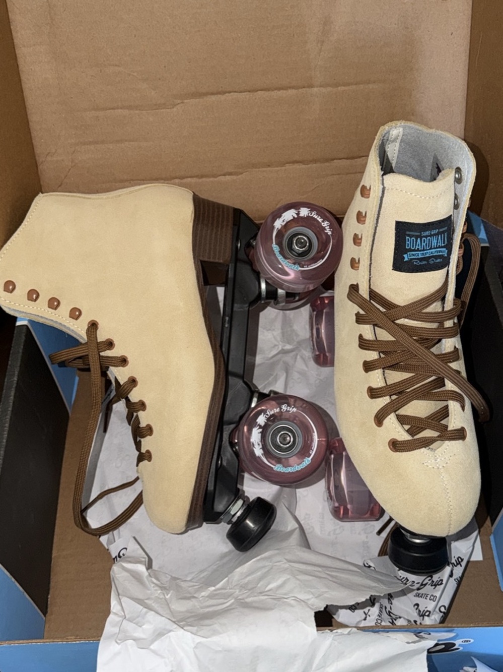 NWT Sure-Grip Tan Suede Roller Skates Boardwalk